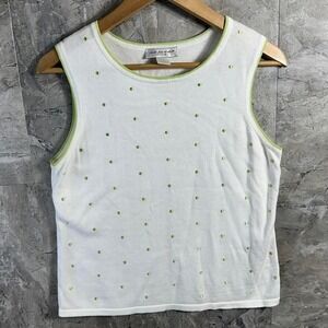 Christopher & Banks white tank top green sequins embroidered polkadots petite M